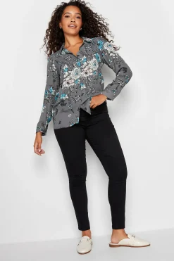 M&Co Womens Grey Floral Print Tie Shirt>Women Shirts