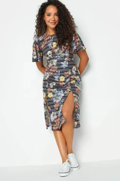 M&Co Womens Grey Floral Stripe Angel Sleeve Split Hem Midi Dress>Women Midi Dresses