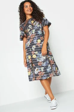 M&Co Womens Grey Floral Stripe Angel Sleeve Split Hem Midi Dress>Women Midi Dresses