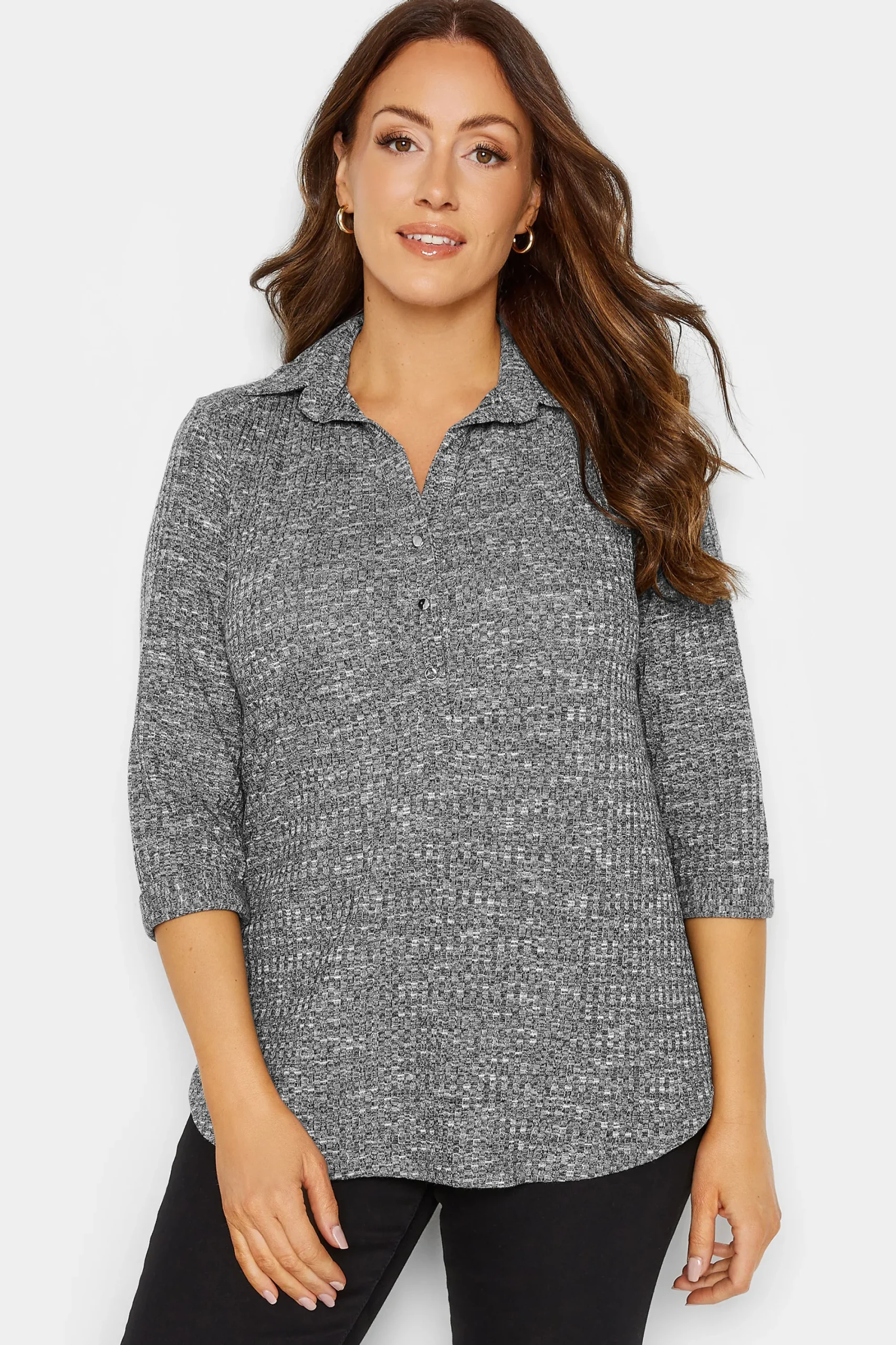 M&Co Womens Grey Marl Half Placket Jersey Shirt>Women Shirts