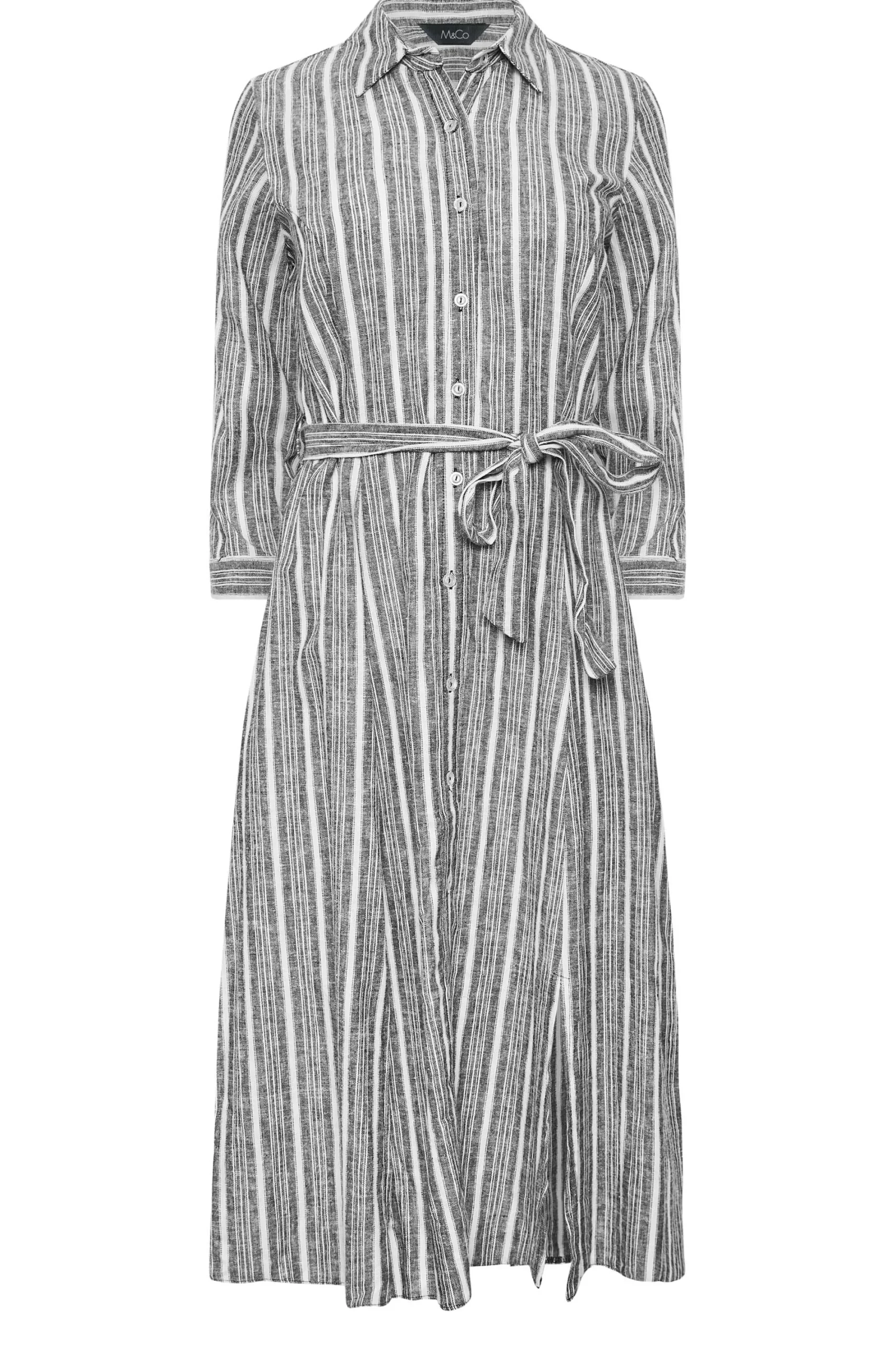 M&Co Womens Grey Stripe Button Through Tie Waist Cotton Dress>Women Shirt Dresses