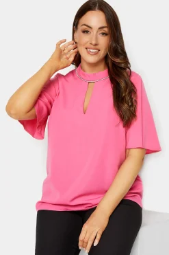 M&Co Womens Hot Pink Embellished Neck Keyhole Blouse>Women Short Sleeve Tops