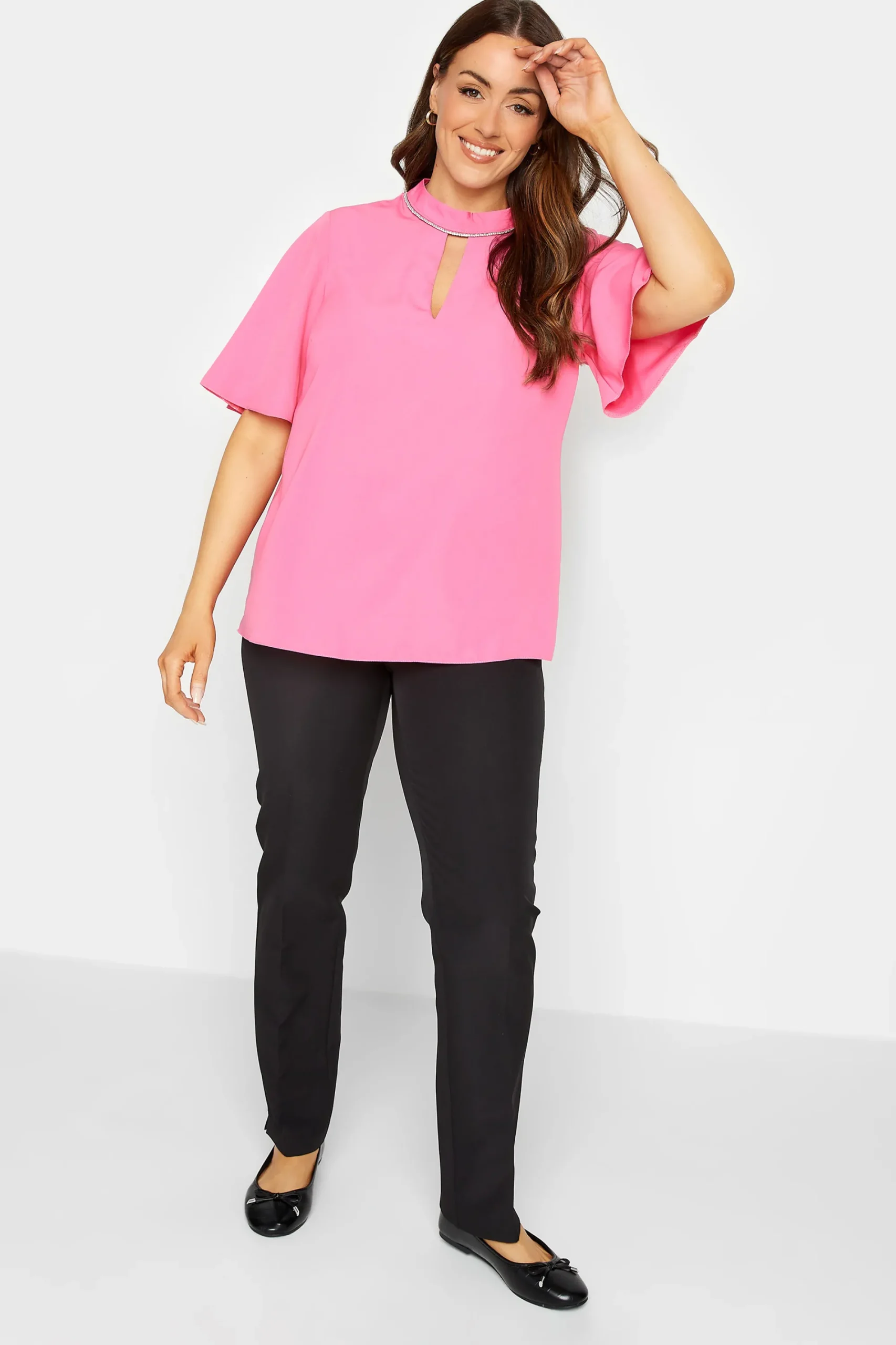 M&Co Womens Hot Pink Embellished Neck Keyhole Blouse>Women Short Sleeve Tops