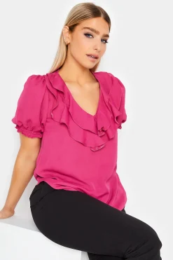 M&Co Womens Hot Pink Frill Front Blouse>Women Short Sleeve Tops