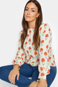 M&Co Womens Ivory White Floral Print Long Sleeve Blouse><noscript><img width=