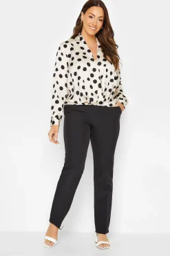 M&Co Womens Ivory White Polka Dot Print Wrap Front Blouse>Women Long Sleeve Tops