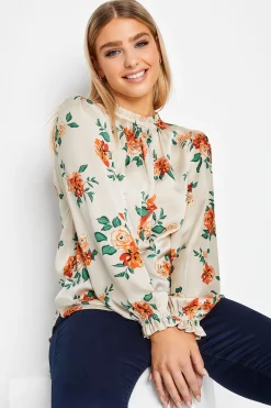 M&Co Womens Ivory White Floral Print Frill Neck Blouse>Women Long Sleeve Tops