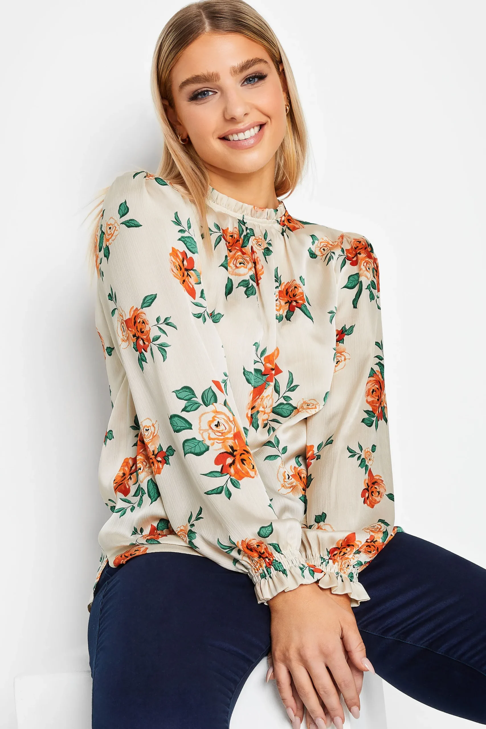 M&Co Womens Ivory White Floral Print Frill Neck Blouse>Women Long Sleeve Tops