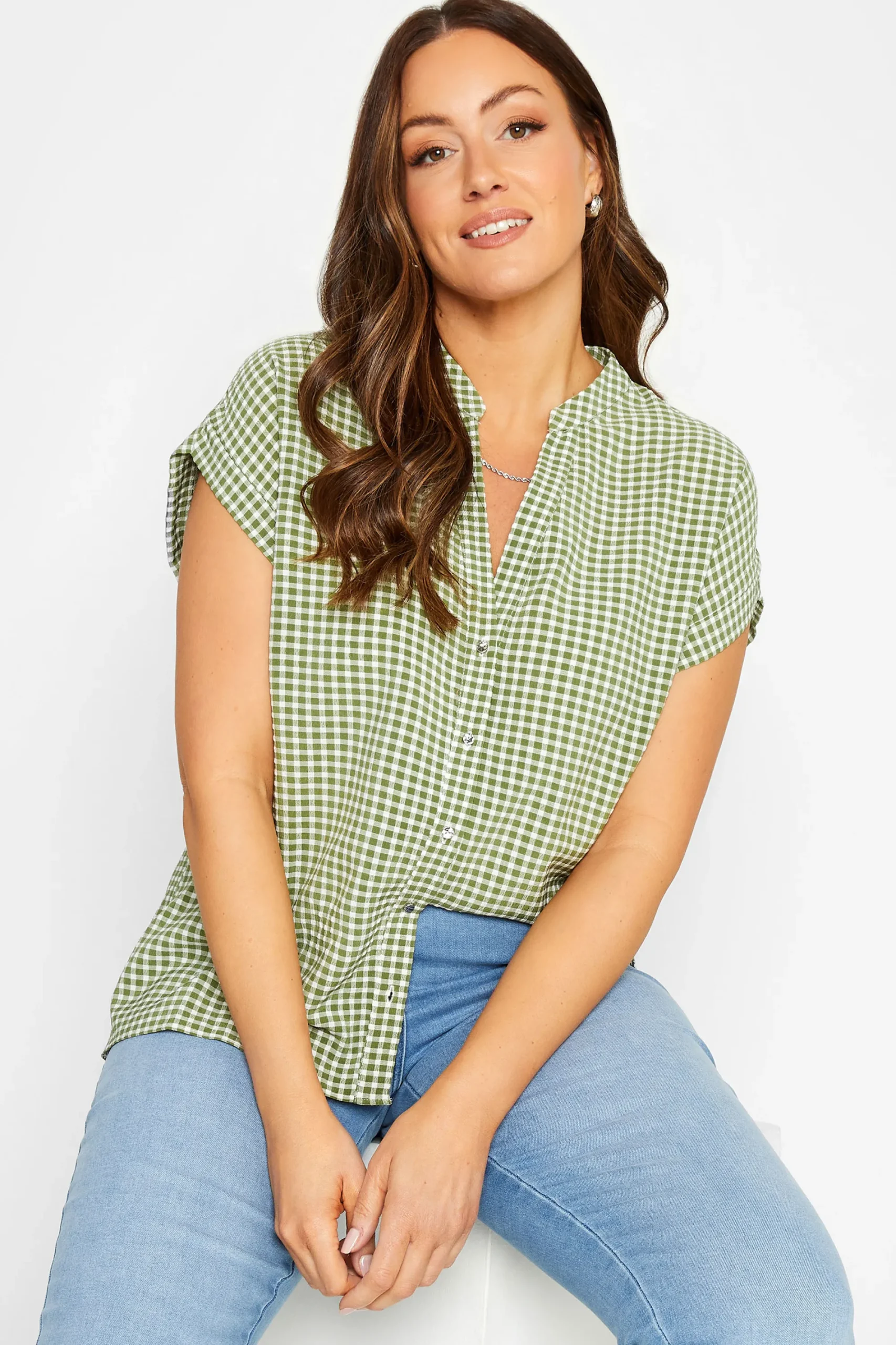 M&Co Womens Khaki Green Gingham Short Sleeve Shirt>Women Short Sleeve Tops