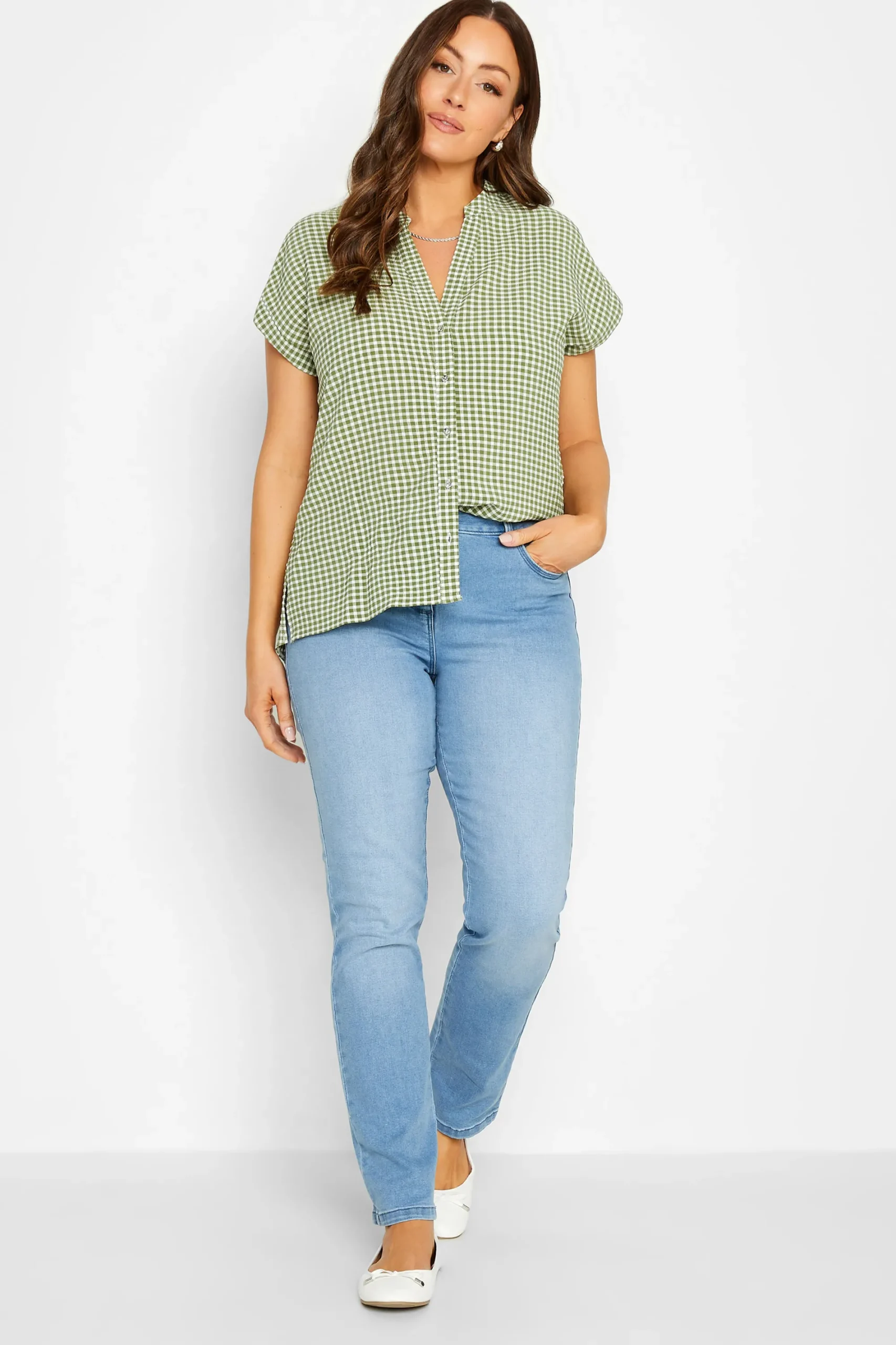 M&Co Womens Khaki Green Gingham Short Sleeve Shirt>Women Short Sleeve Tops