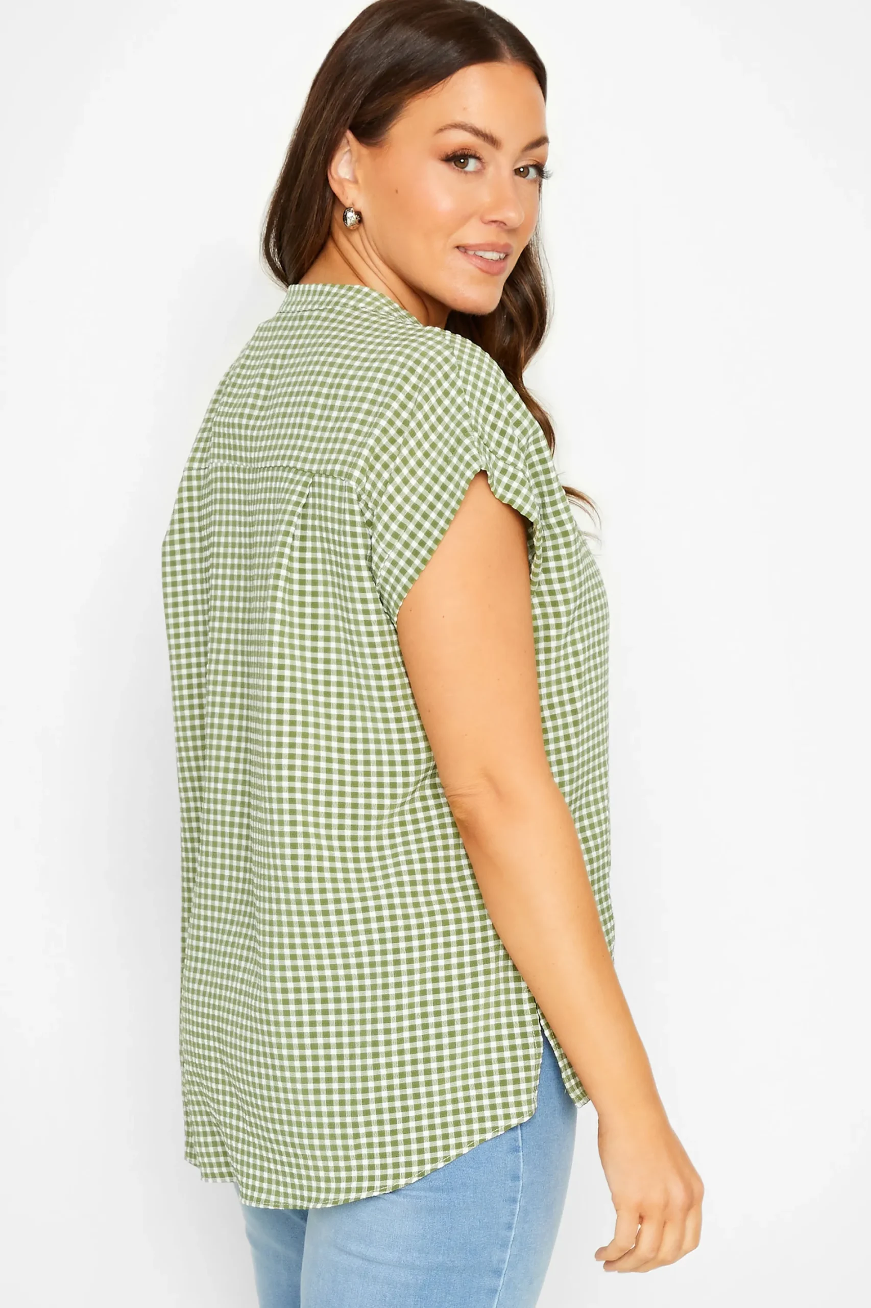 M&Co Womens Khaki Green Gingham Short Sleeve Shirt>Women Short Sleeve Tops