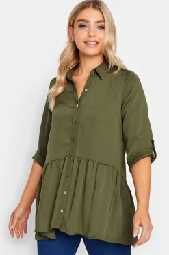 M&Co Womens Khaki Green Frill Hem Shirt>Women Shirts