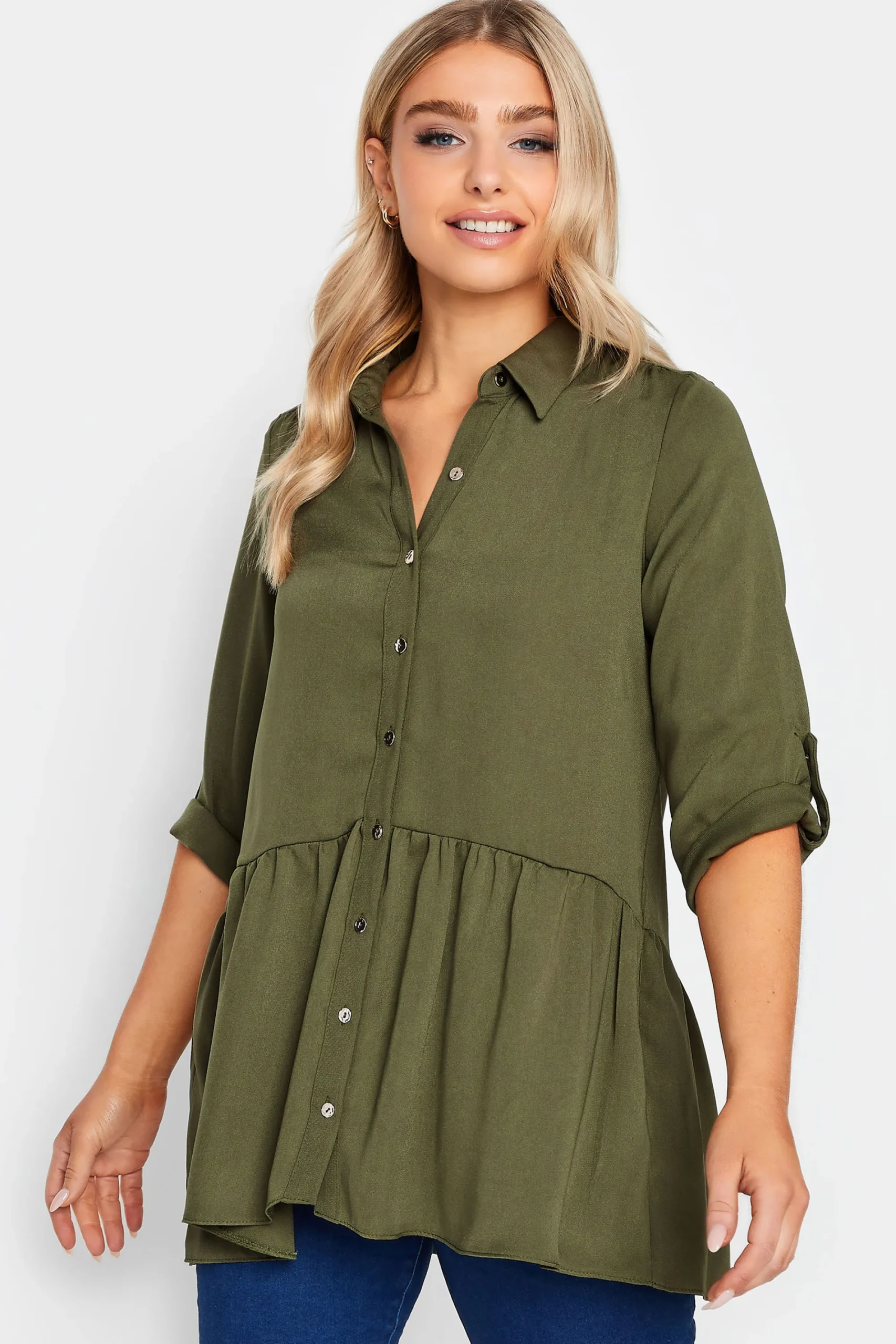 M&Co Womens Khaki Green Frill Hem Shirt>Women Shirts