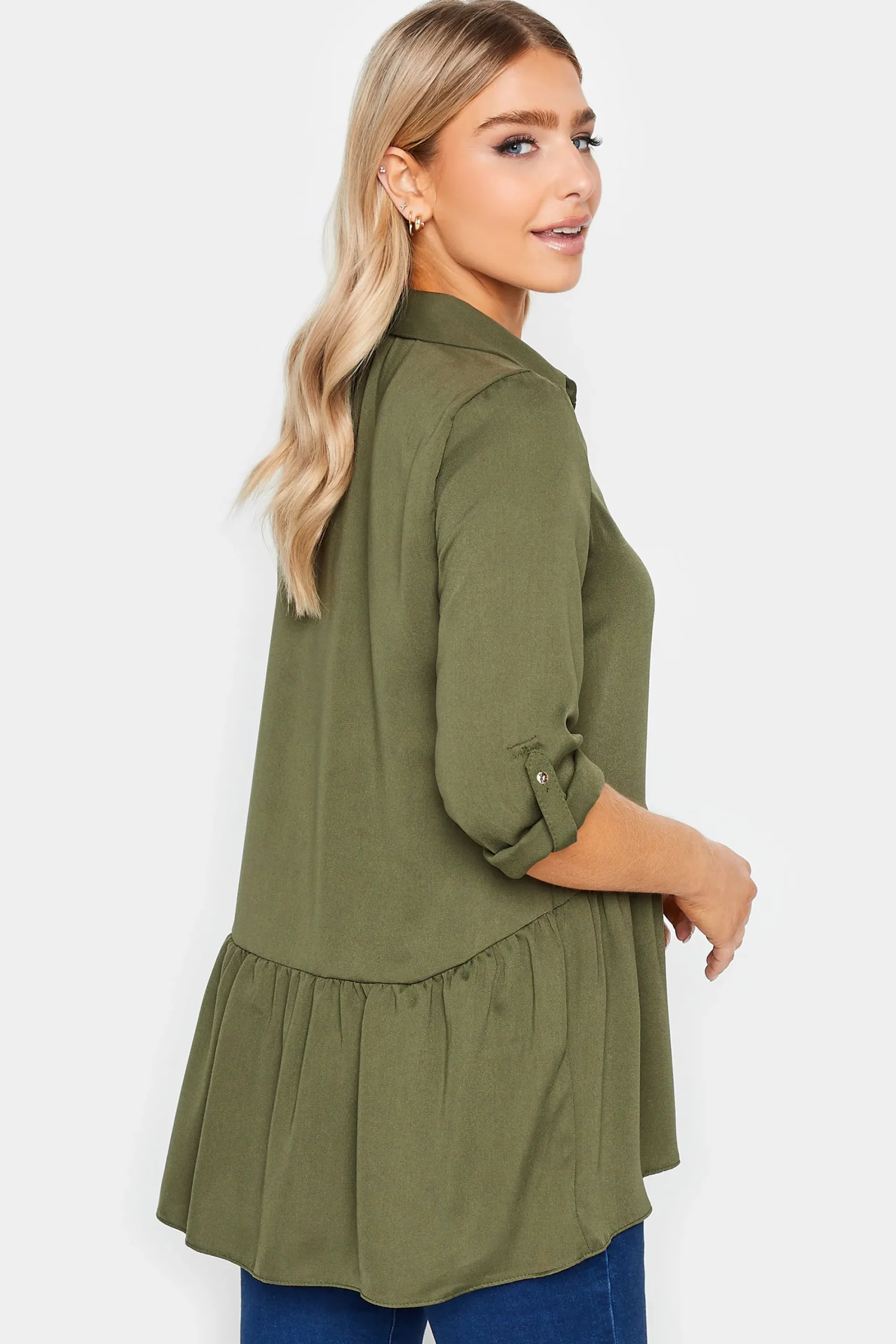 M&Co Womens Khaki Green Frill Hem Shirt>Women Shirts