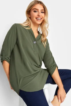M&Co Womens Khaki Green Statement Button Tab Sleeve Shirt>Women Shirts