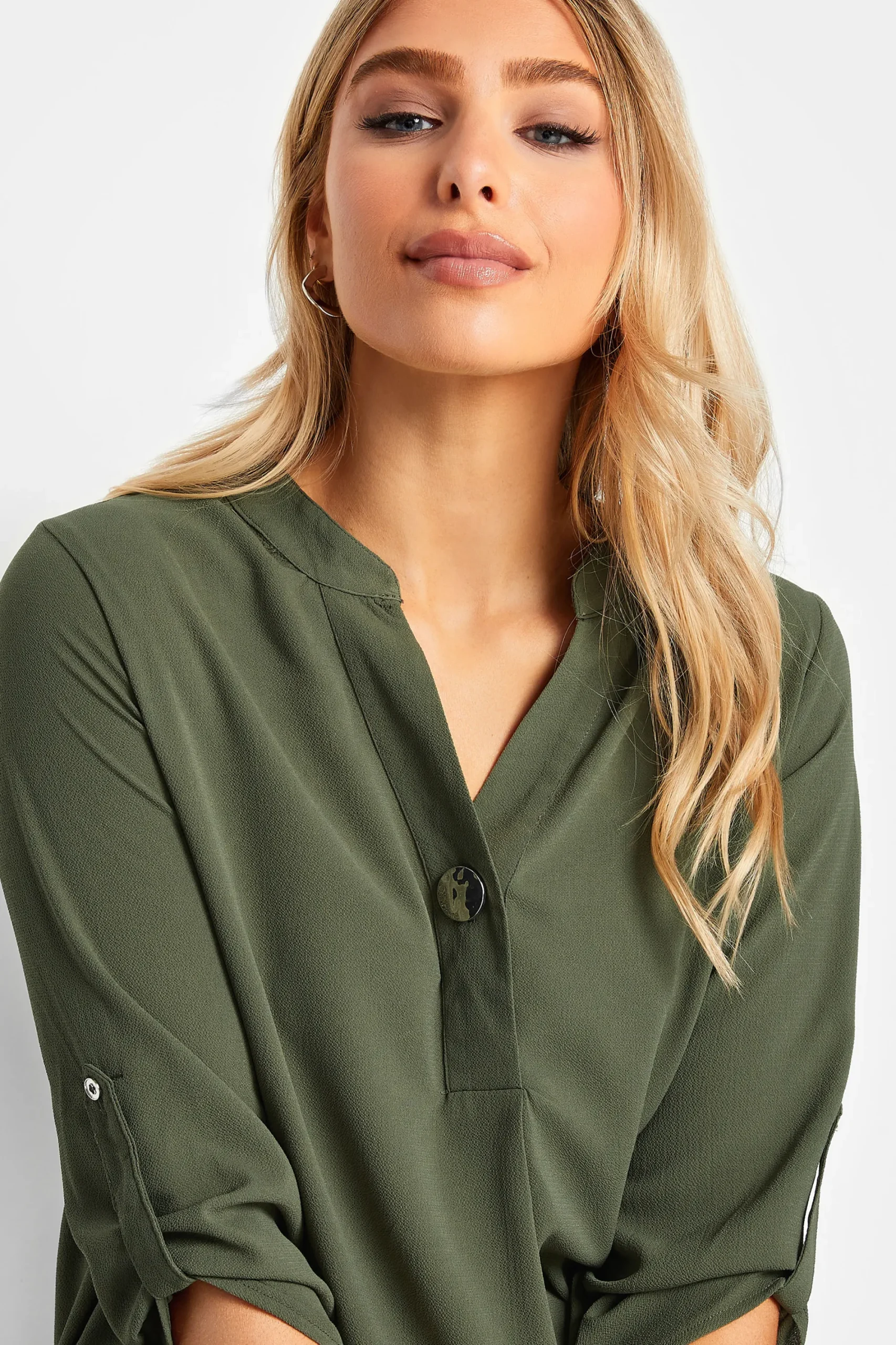 M&Co Womens Khaki Green Statement Button Tab Sleeve Shirt>Women Shirts