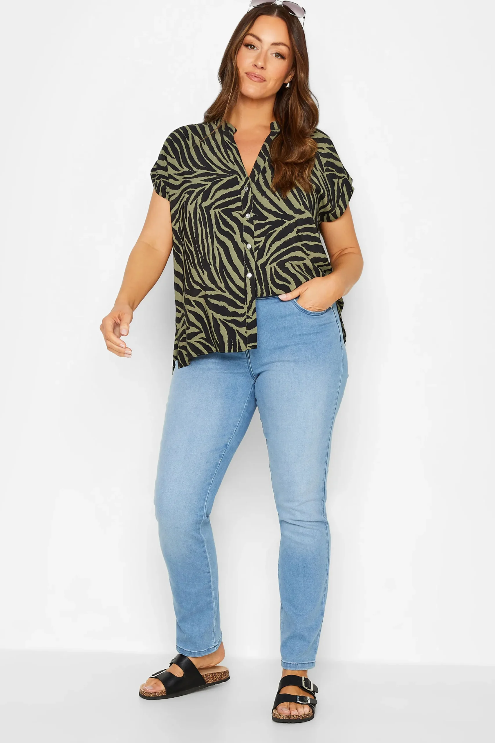 M&Co Womens Khaki Green Zebra Print Shirt>Women Shirts