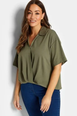 M&Co Womens Khaki Green V-Neck Wrap Blouse>Women Short Sleeve Tops