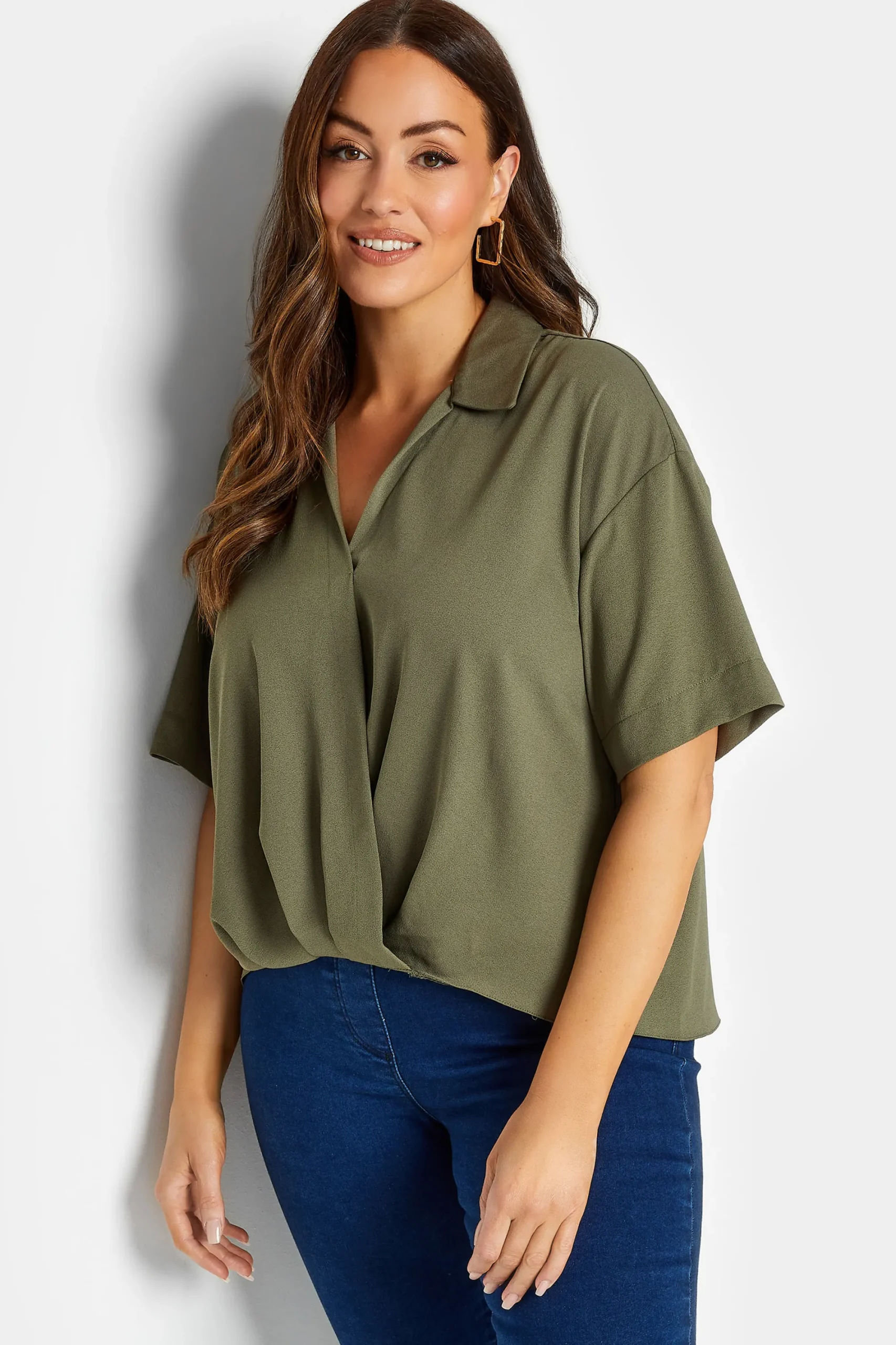 M&Co Womens Khaki Green V-Neck Wrap Blouse>Women Short Sleeve Tops