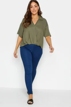 M&Co Womens Khaki Green V-Neck Wrap Blouse>Women Short Sleeve Tops