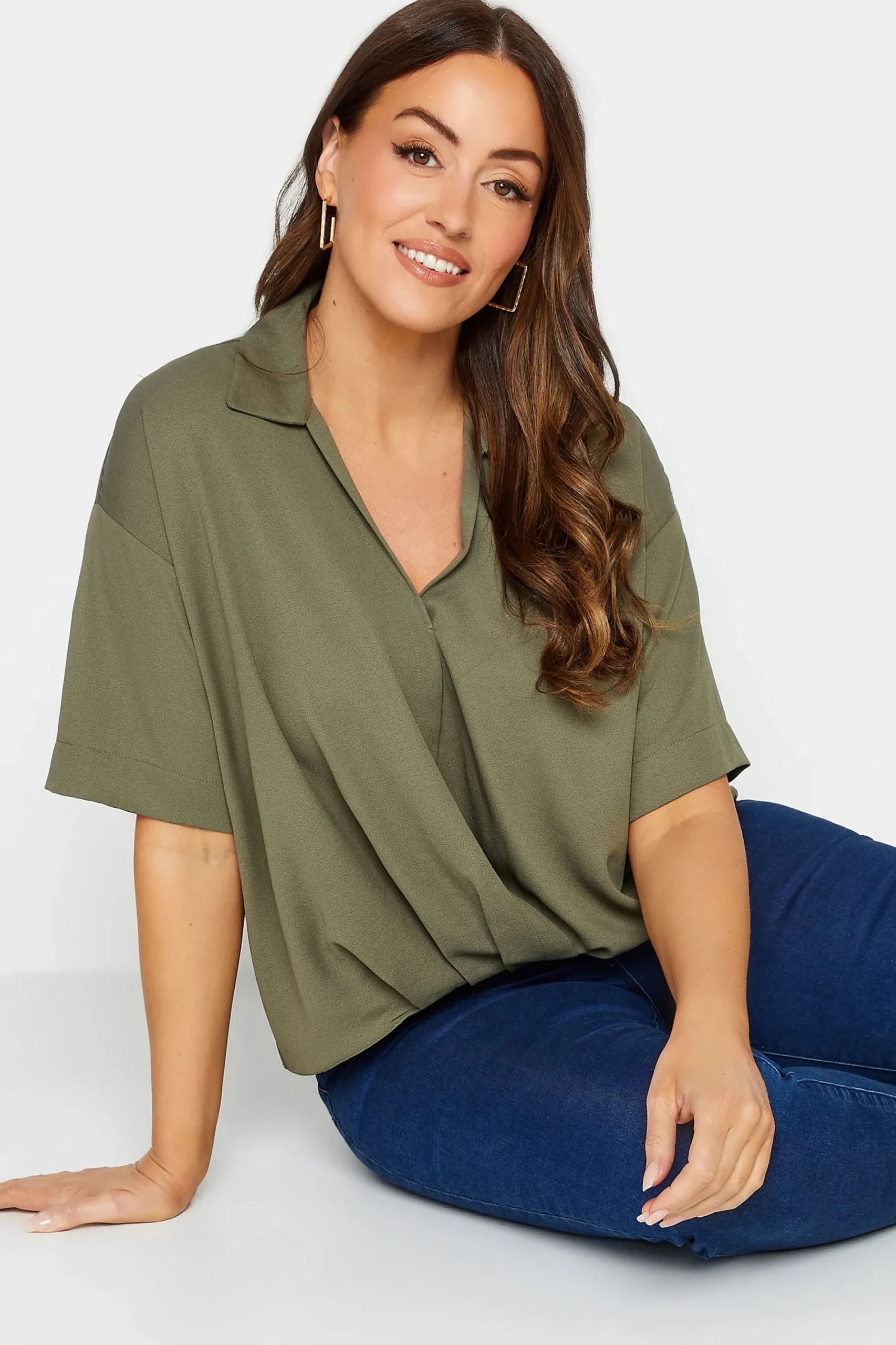 M&Co Womens Khaki Green V-Neck Wrap Blouse>Women Short Sleeve Tops