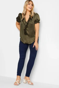 M&Co Womens Khaki Green Frill Satin Blouse>Women Short Sleeve Tops