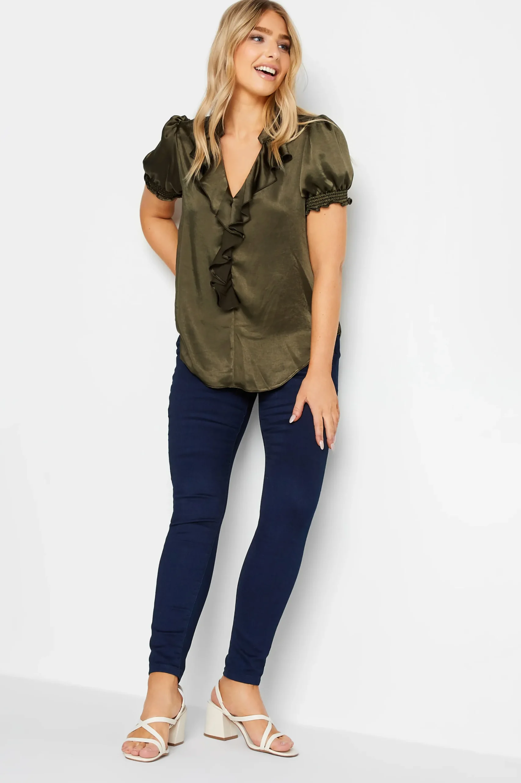M&Co Womens Khaki Green Frill Satin Blouse>Women Short Sleeve Tops