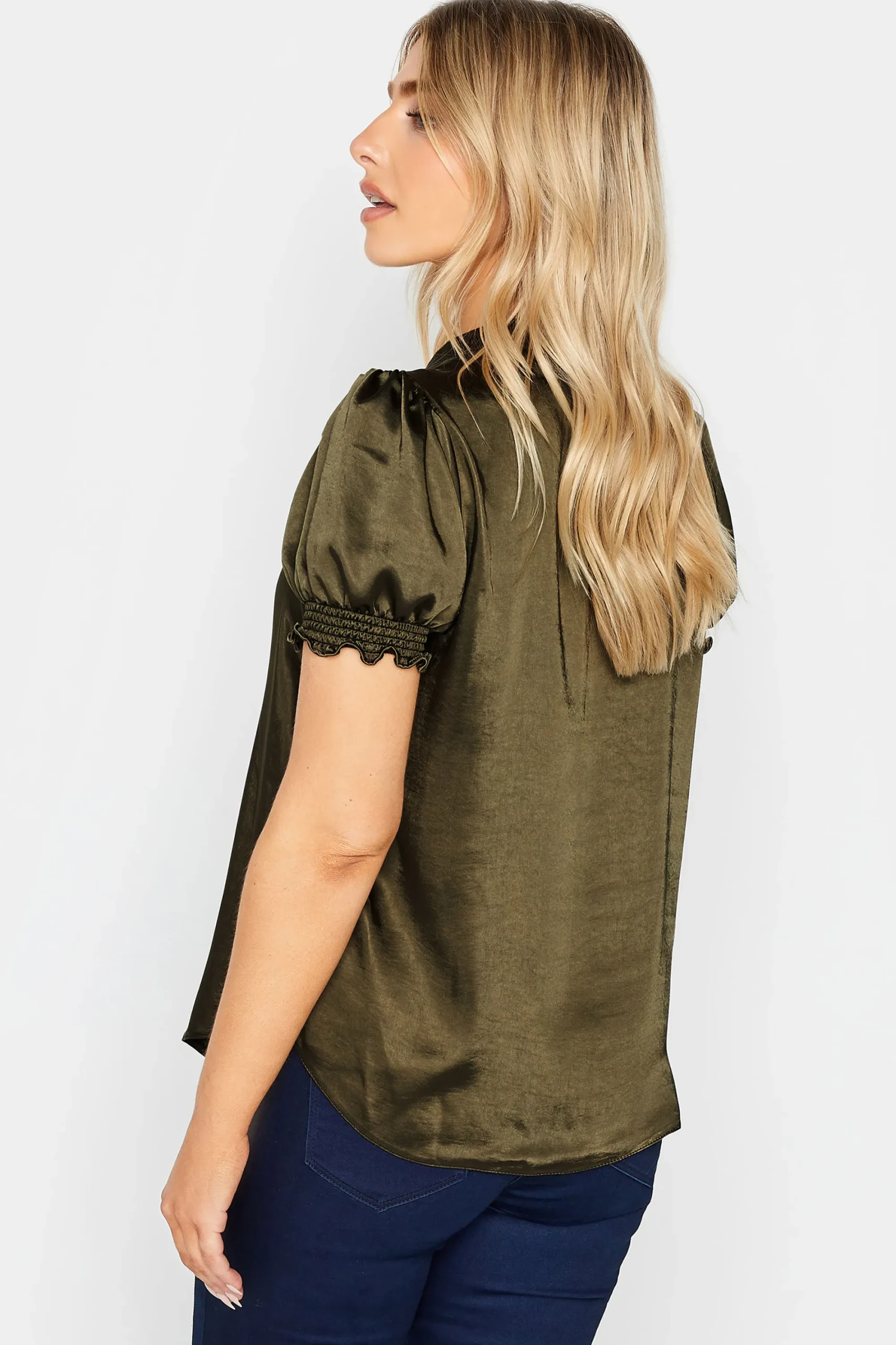 M&Co Womens Khaki Green Frill Satin Blouse>Women Short Sleeve Tops