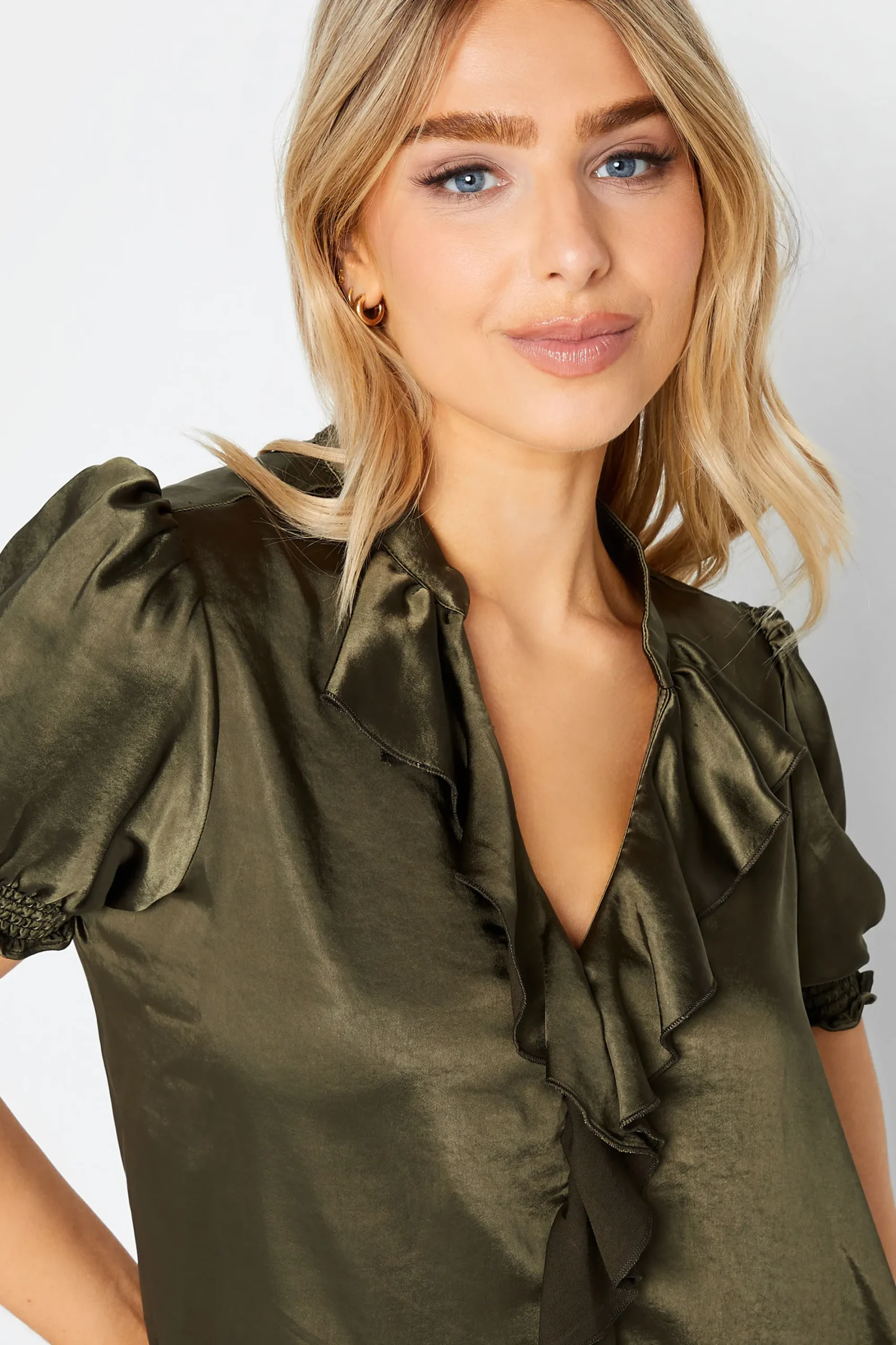 M&Co Womens Khaki Green Frill Satin Blouse>Women Short Sleeve Tops