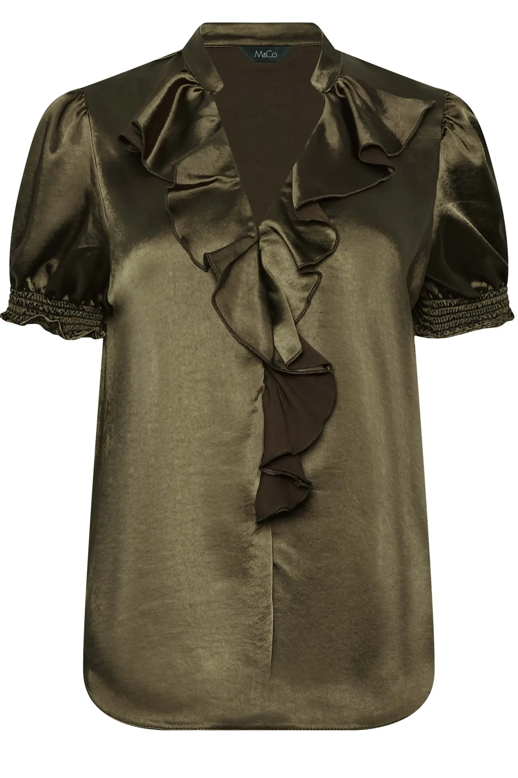 M&Co Womens Khaki Green Frill Satin Blouse>Women Short Sleeve Tops