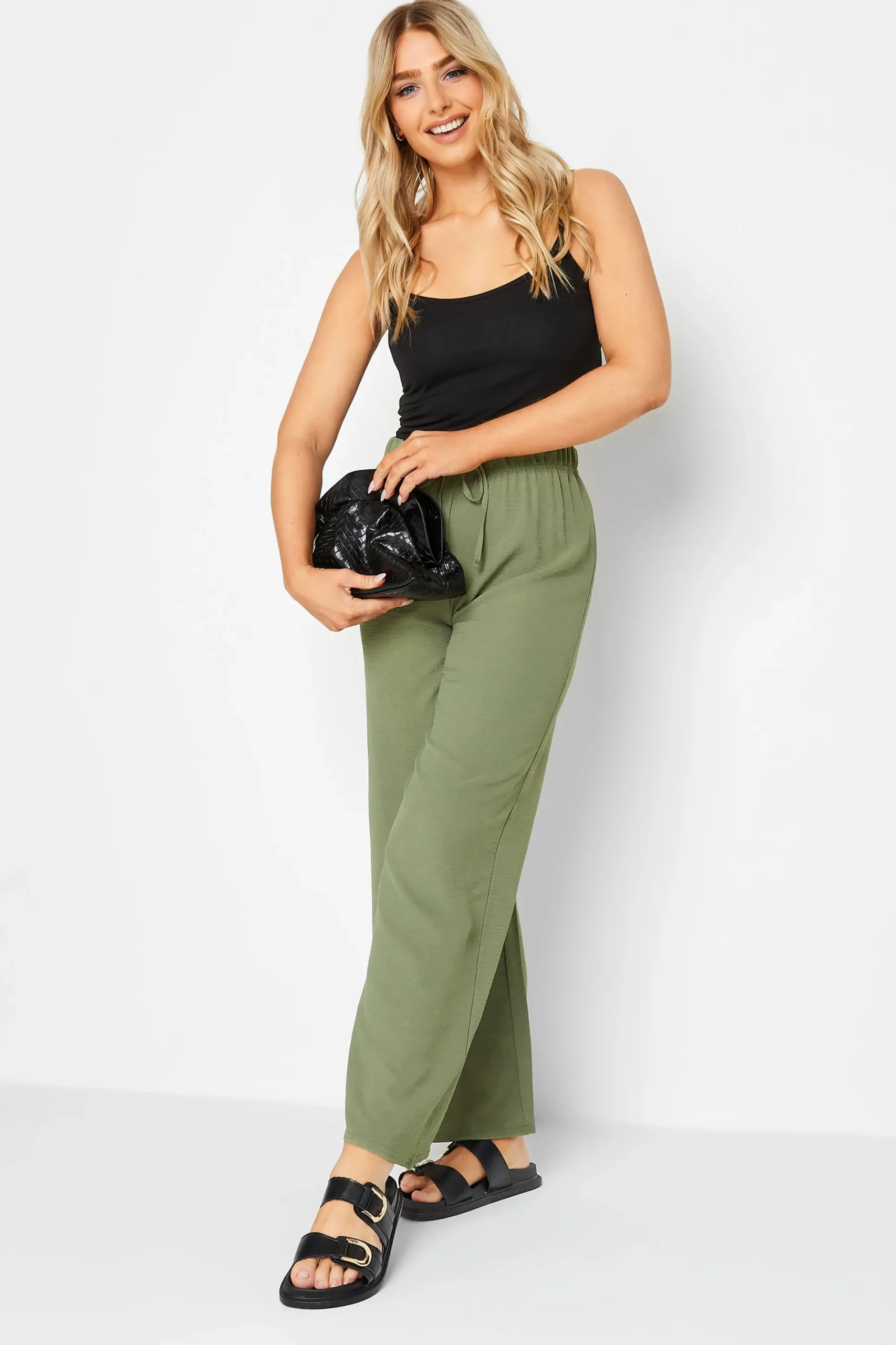 M&Co Womens Khaki Green Crepe Wide Leg Trousers>Women Wide Leg Trousers