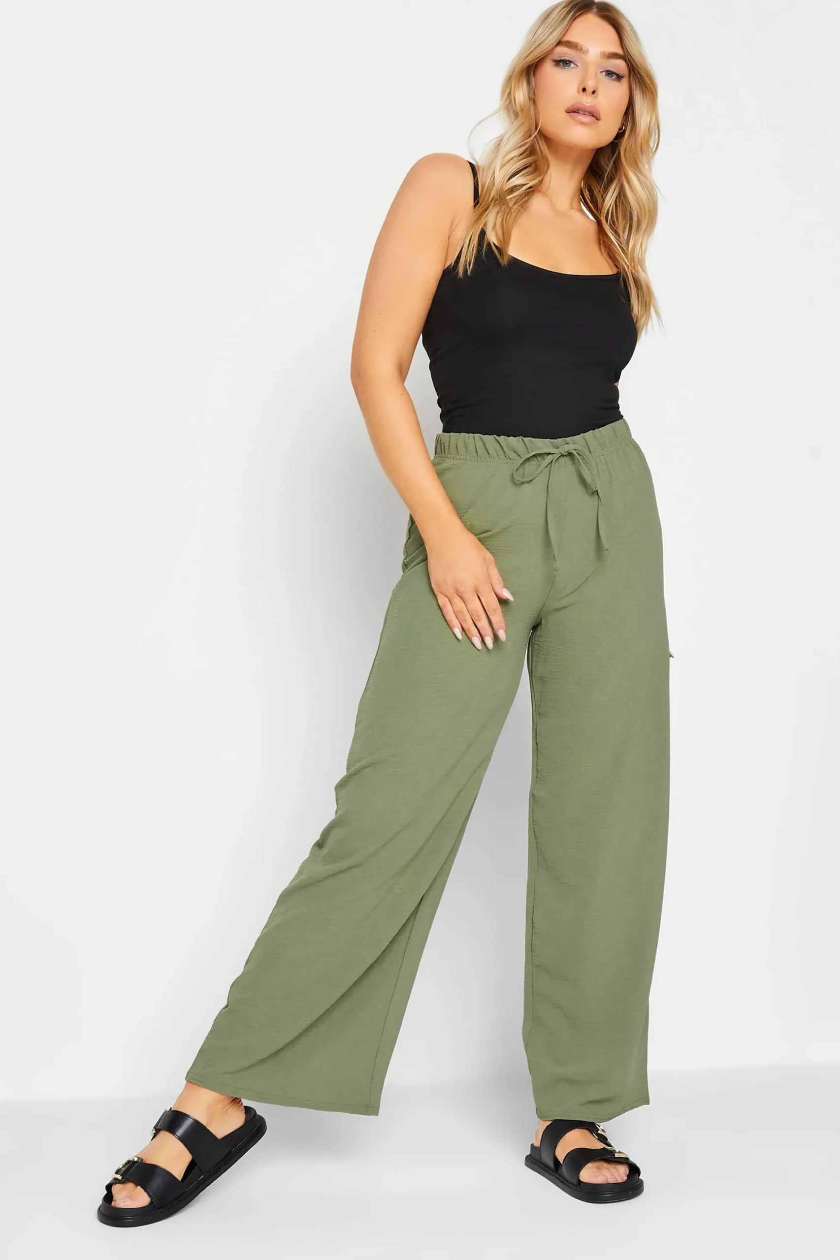 M&Co Womens Khaki Green Crepe Wide Leg Trousers>Women Wide Leg Trousers