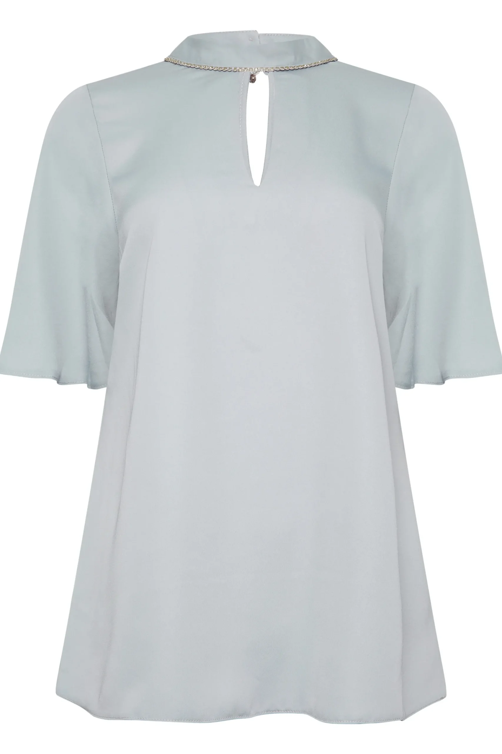 M&Co Womens Light Blue Embellished Neck Keyhole Blouse>Women Short Sleeve Tops