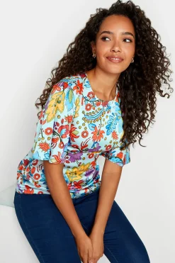 M&Co Womens Light Blue Floral Tie Back Blouse>Women Short Sleeve Tops