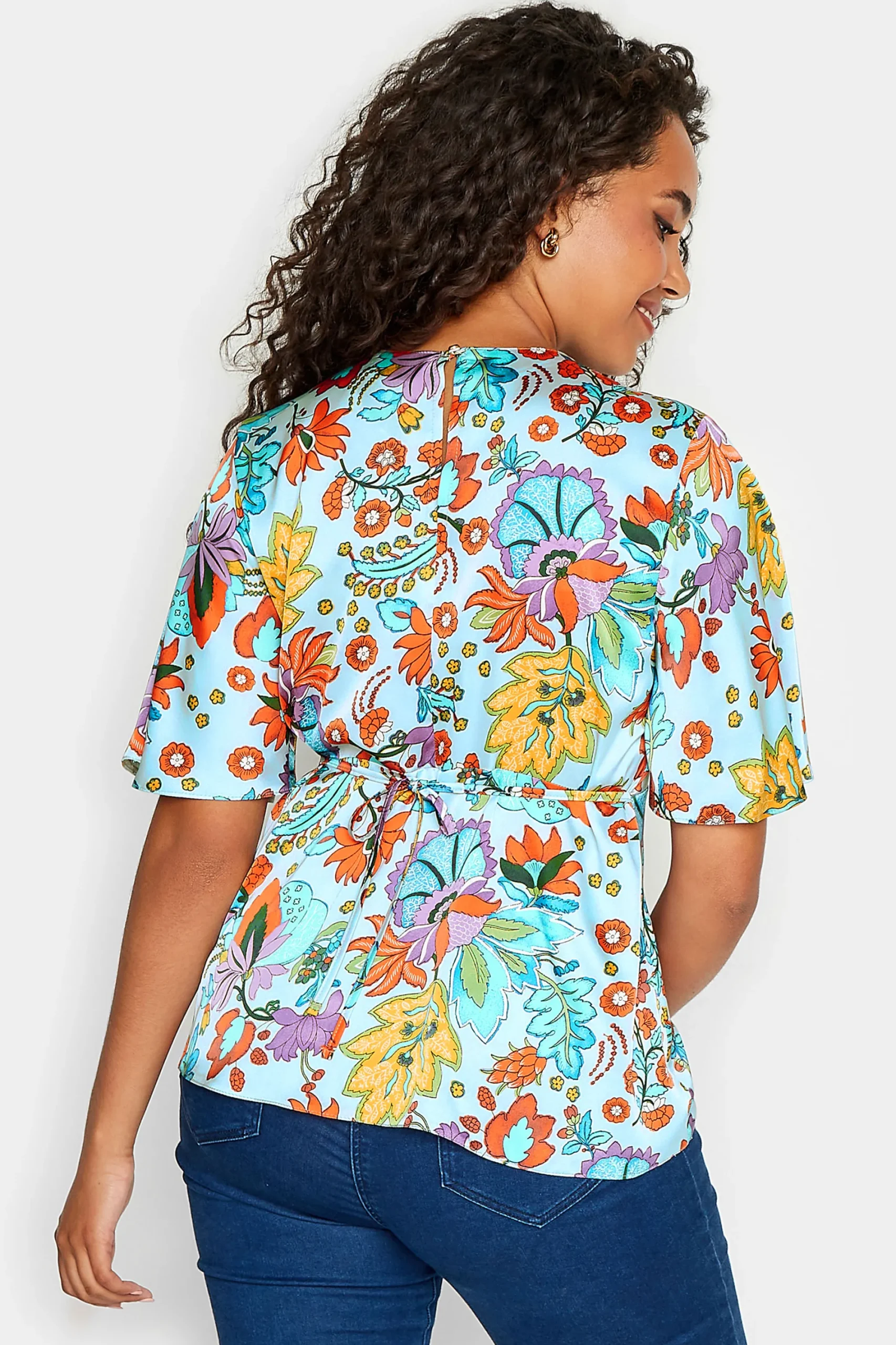 M&Co Womens Light Blue Floral Tie Back Blouse>Women Short Sleeve Tops