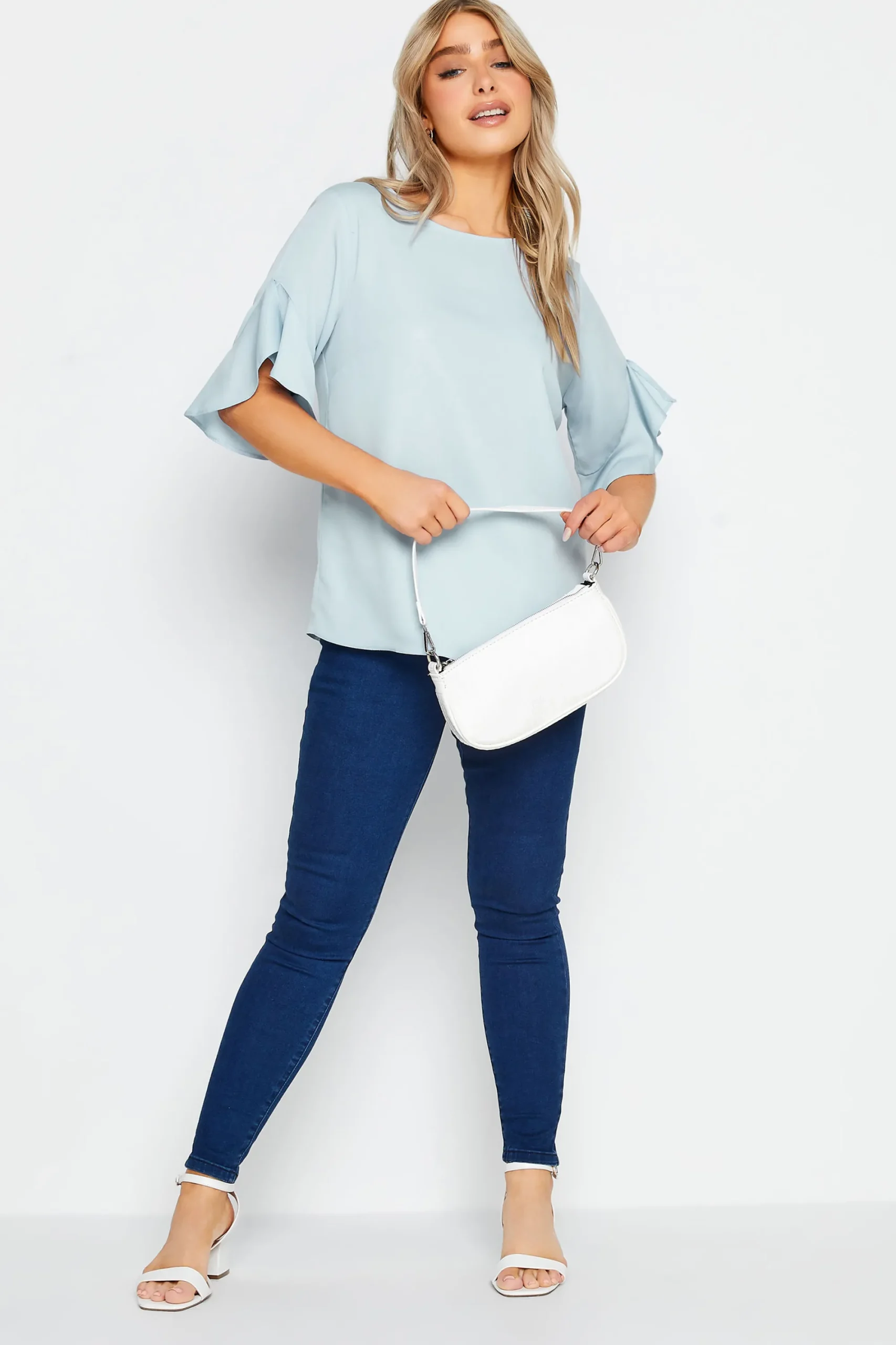 M&Co Womens Light Blue Frill Sleeve Blouse>Women Short Sleeve Tops