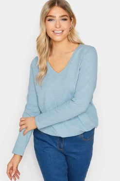M&Co Womens Light Blue V-Neck Long Sleeve Cotton Blend T-Shirt>Women T-Shirts