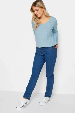 M&Co Womens Light Blue V-Neck Long Sleeve Cotton Blend T-Shirt>Women T-Shirts