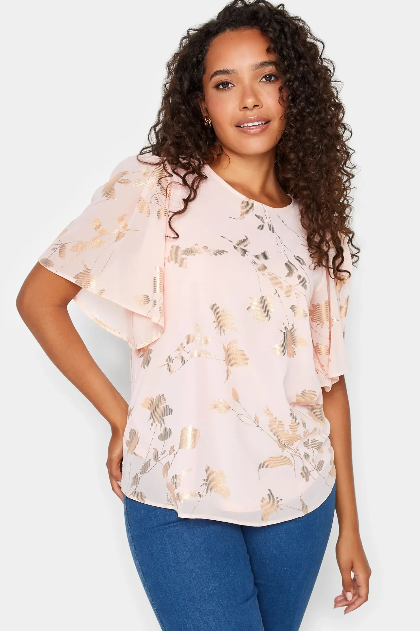 M&Co Womens Light Pink Floral Shimmer Blouse>Women Short Sleeve Tops