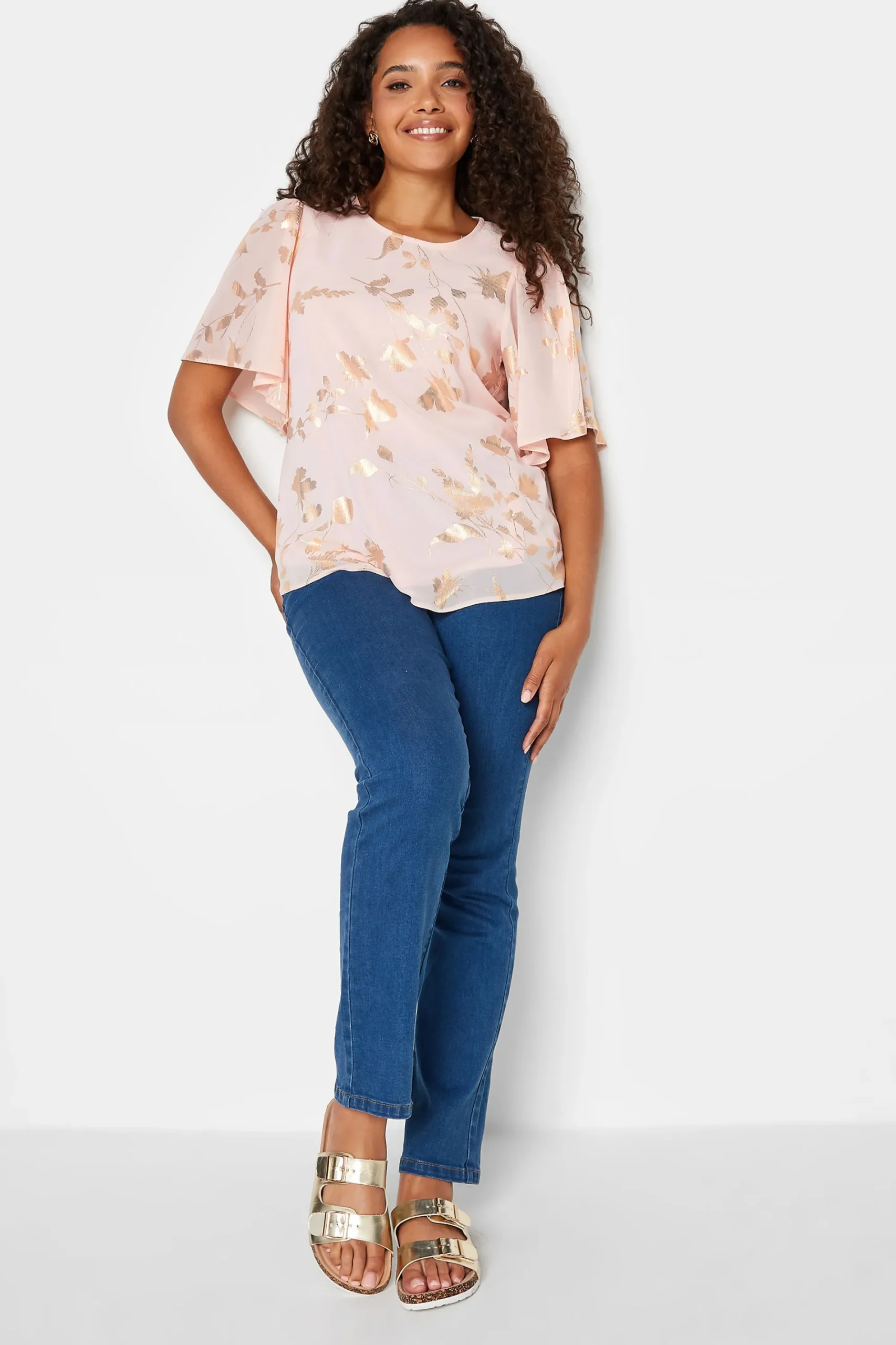 M&Co Womens Light Pink Floral Shimmer Blouse>Women Short Sleeve Tops