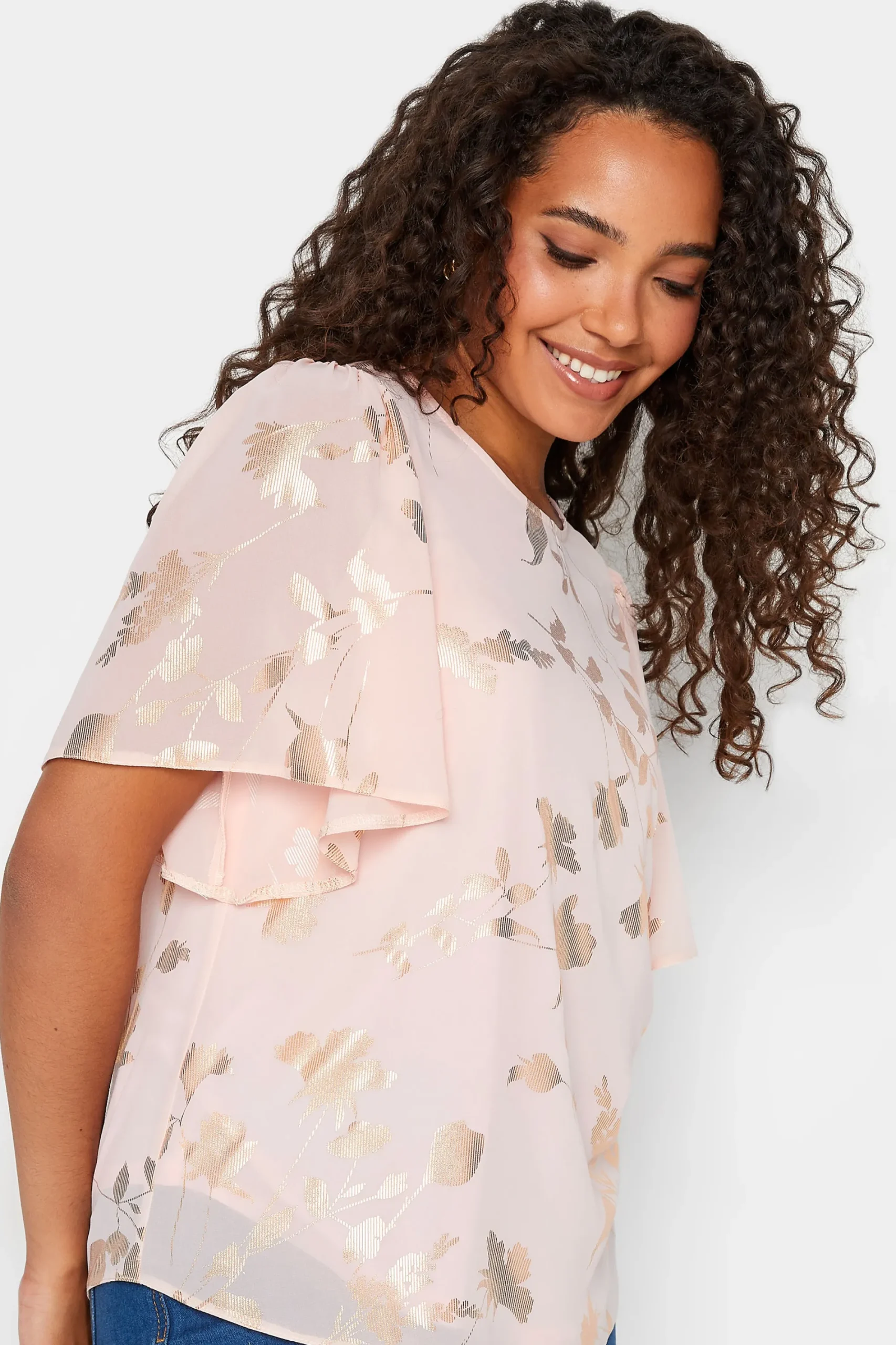 M&Co Womens Light Pink Floral Shimmer Blouse>Women Short Sleeve Tops
