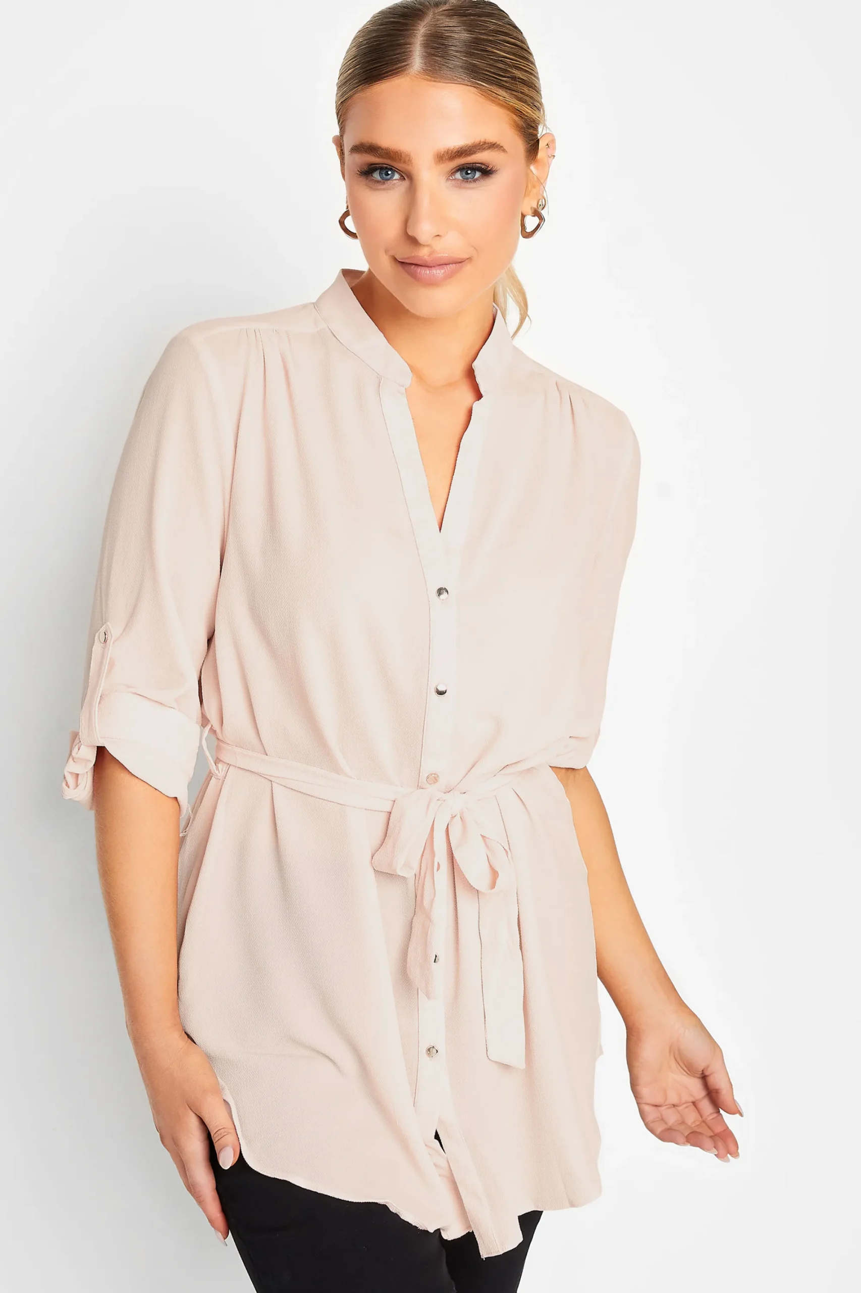M&Co Womens Light Pink Tie Waist Tunic Shirt>Women Shirts