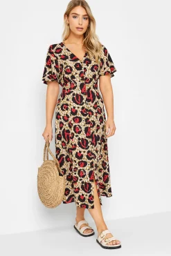 M&Co Womens Natural Brown & Red Animal Print Midi Button Through Tea Dress>Women Midi Dresses