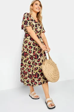 M&Co Womens Natural Brown & Red Animal Print Midi Button Through Tea Dress>Women Midi Dresses