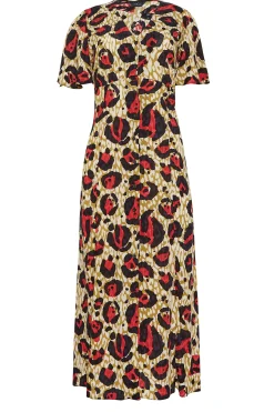 M&Co Womens Natural Brown & Red Animal Print Midi Button Through Tea Dress><noscript><img width=