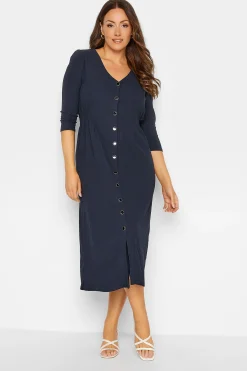 M&Co Womens Navy Blue Textured Button Through Dress>Women Midi Dresses