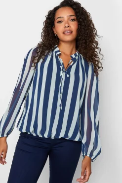 M&Co Womens Navy Blue Stripe Tie Neck Blouse>Women Shirts