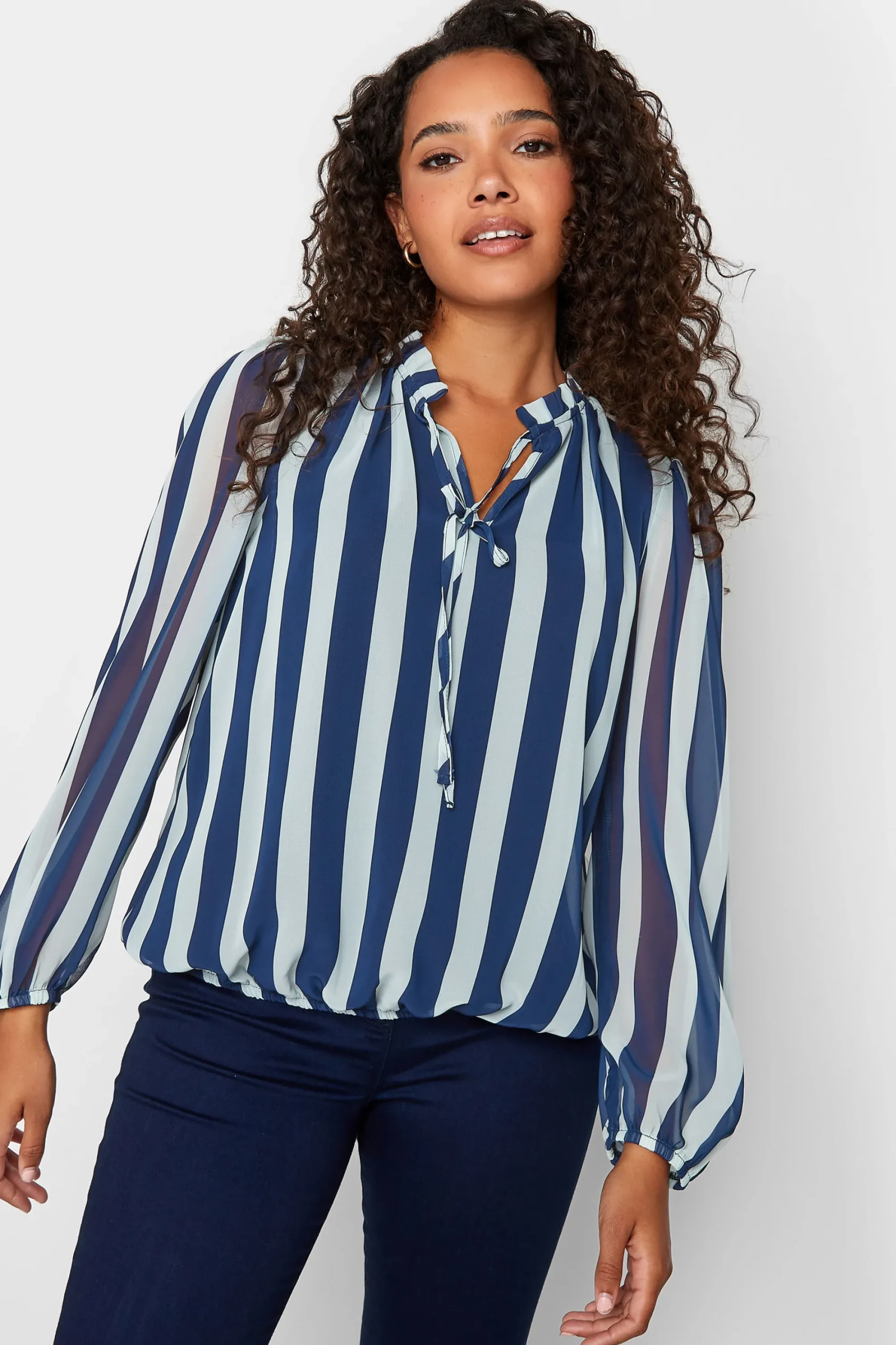M&Co Womens Navy Blue Stripe Tie Neck Blouse>Women Shirts