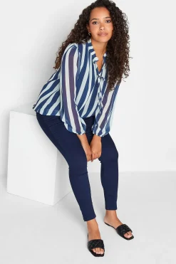 M&Co Womens Navy Blue Stripe Tie Neck Blouse>Women Shirts