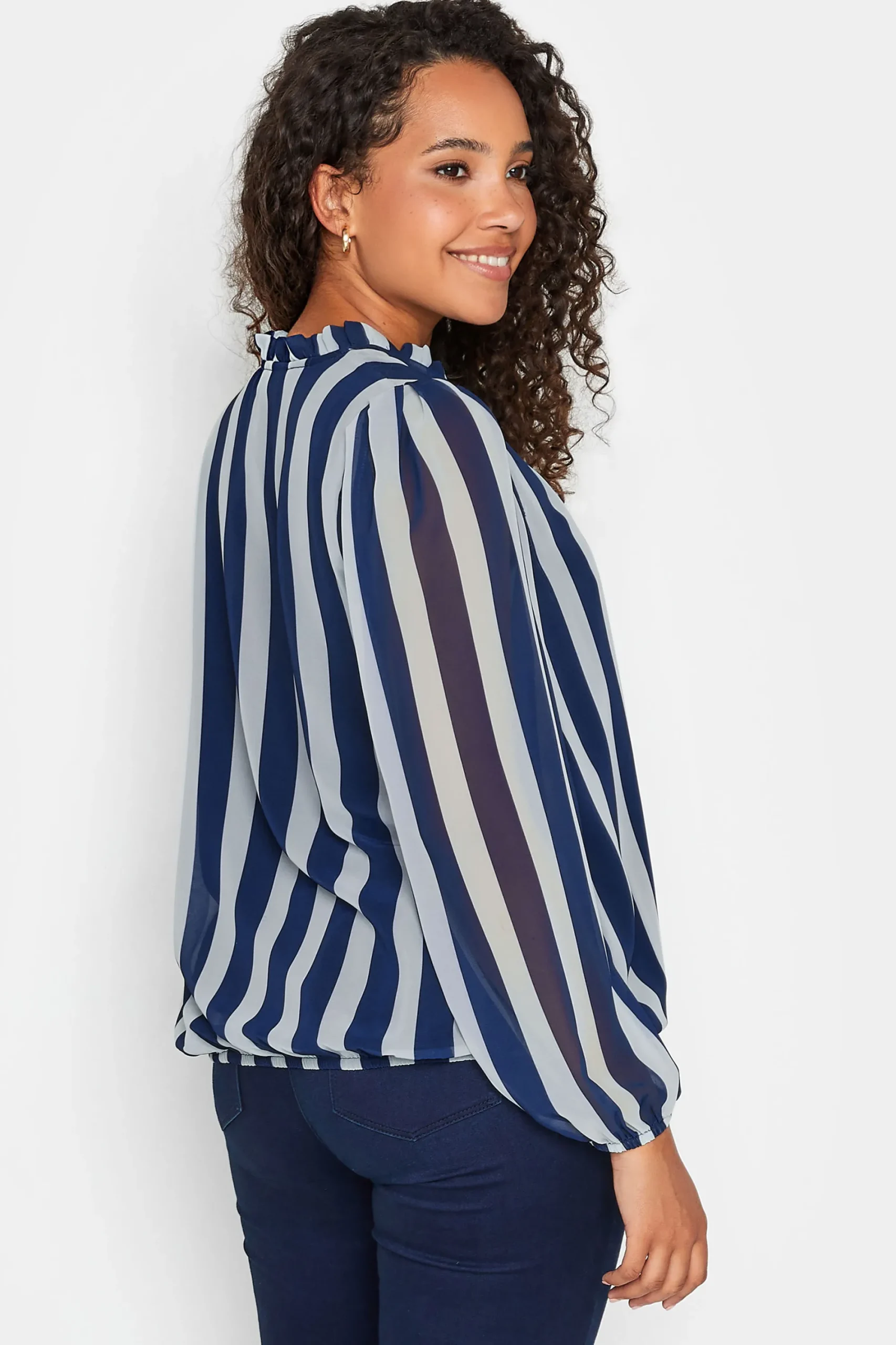 M&Co Womens Navy Blue Stripe Tie Neck Blouse>Women Shirts